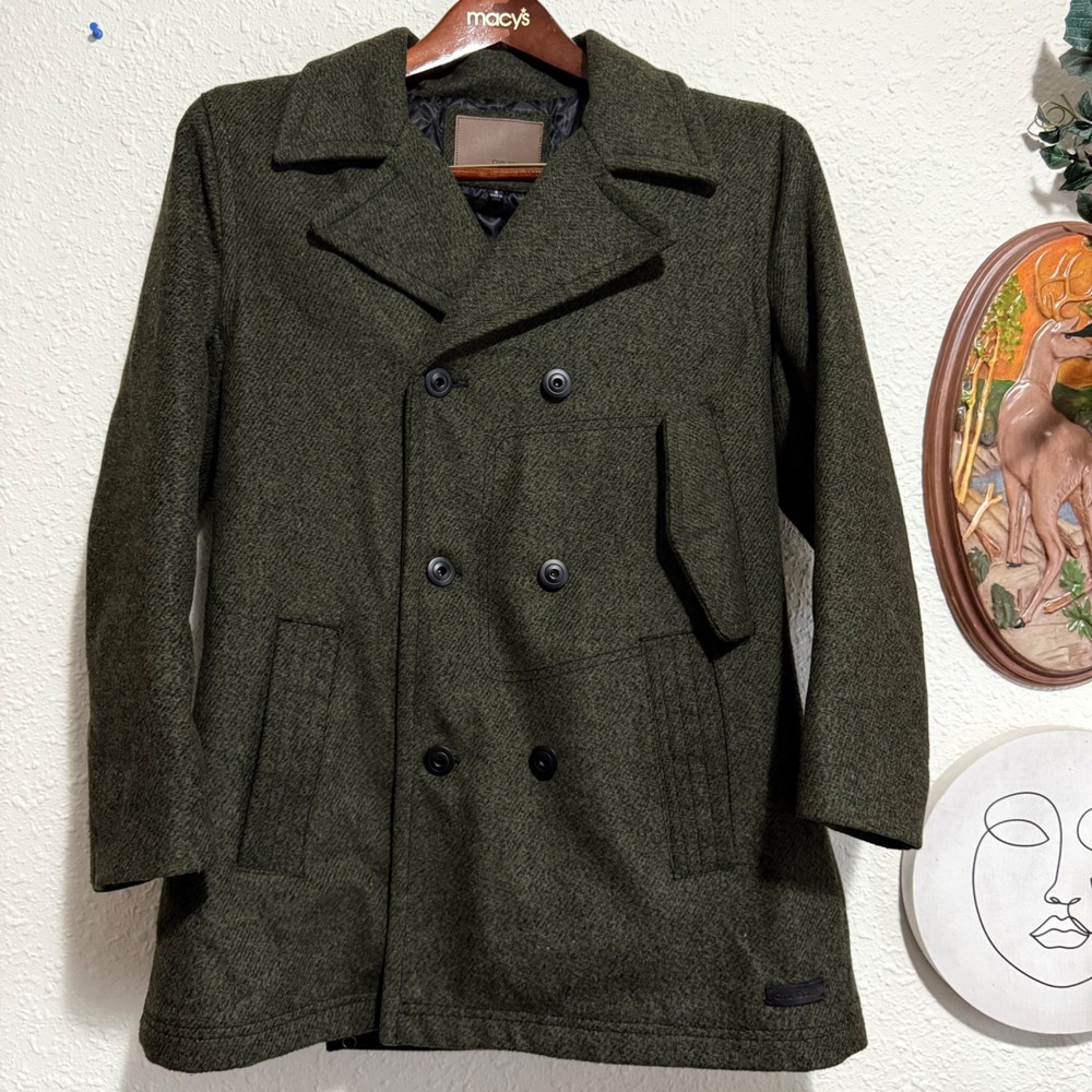 Men's Double-Breasted Wool Peacoat - Dark Olive (Tagged Size S, Fits Like XS) - Picture 1 of 10